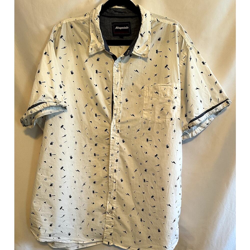 Aeropostale Mens Sz 3XL Button Down Short Sleeve Palm Tree Lightning Bolt Peace